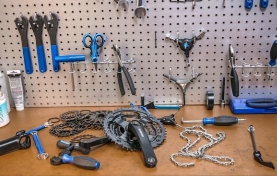Shimano Bike Chain, Work Bench with Bicycle Tools and Parts in Color